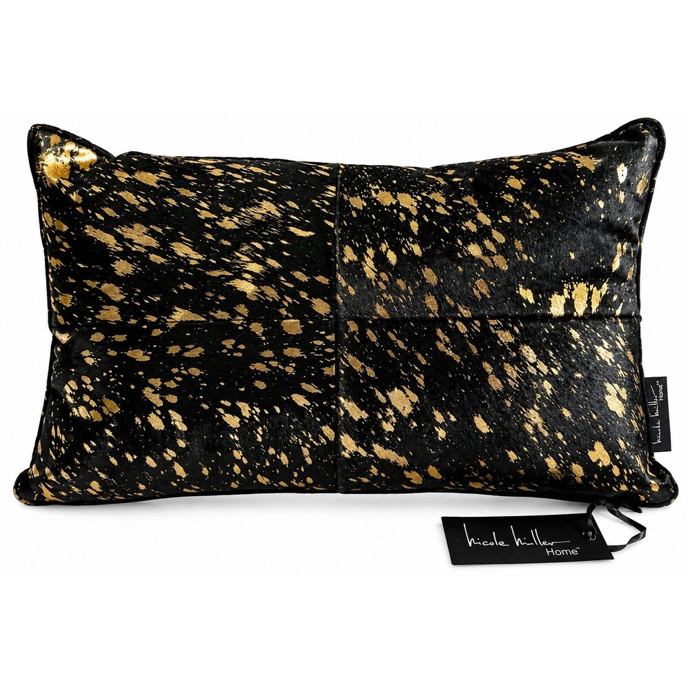 Nicole Miller Black Gold Leather Front Throw Pillow Polyester Fill & Back 20x12
